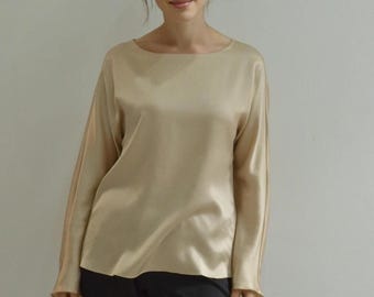 Custom made Women's 22 Momme Mulberry Silk Blouse Elegant boat neckline