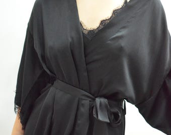 Conjunto de camisón y bata de seda morera de grado 6A con ribete de encaje negro, 2 piezas, seda de 19 momme