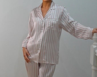 Conjunto de pijama de seda a rayas: manga larga de seda morera 6A de 19 mm