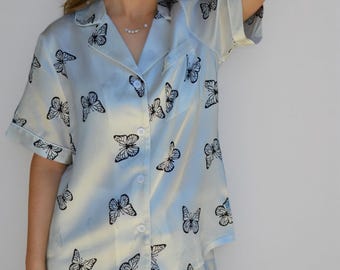 Mulberry Silk Pajama Set: Butterfly Print Loungewear