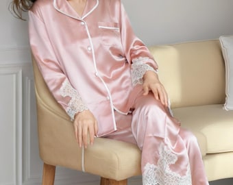 Pink Mulberry Silk Pajama Set: 19 Momme Lace Trimmed 6A Silk