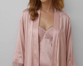 Mulberry Silk Lingerie Set – Soft pink Cami Dress and Robe