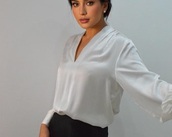 V neck Mulberry Silk Blouse: Long Sleeve