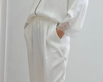 Conjunto de pijama de seda morera de 19 momme: ropa de dormir con ribete de encaje blanco, mangas 3/4