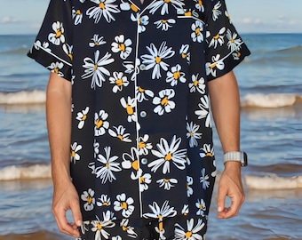 Conjunto de pijama de seda de lujo para hombre – Estilo floral playero (seda de 19 momme)