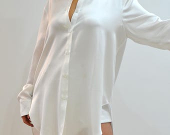 Camisa de seda morera blanca de talla grande: blusa de manga larga de 22 momme