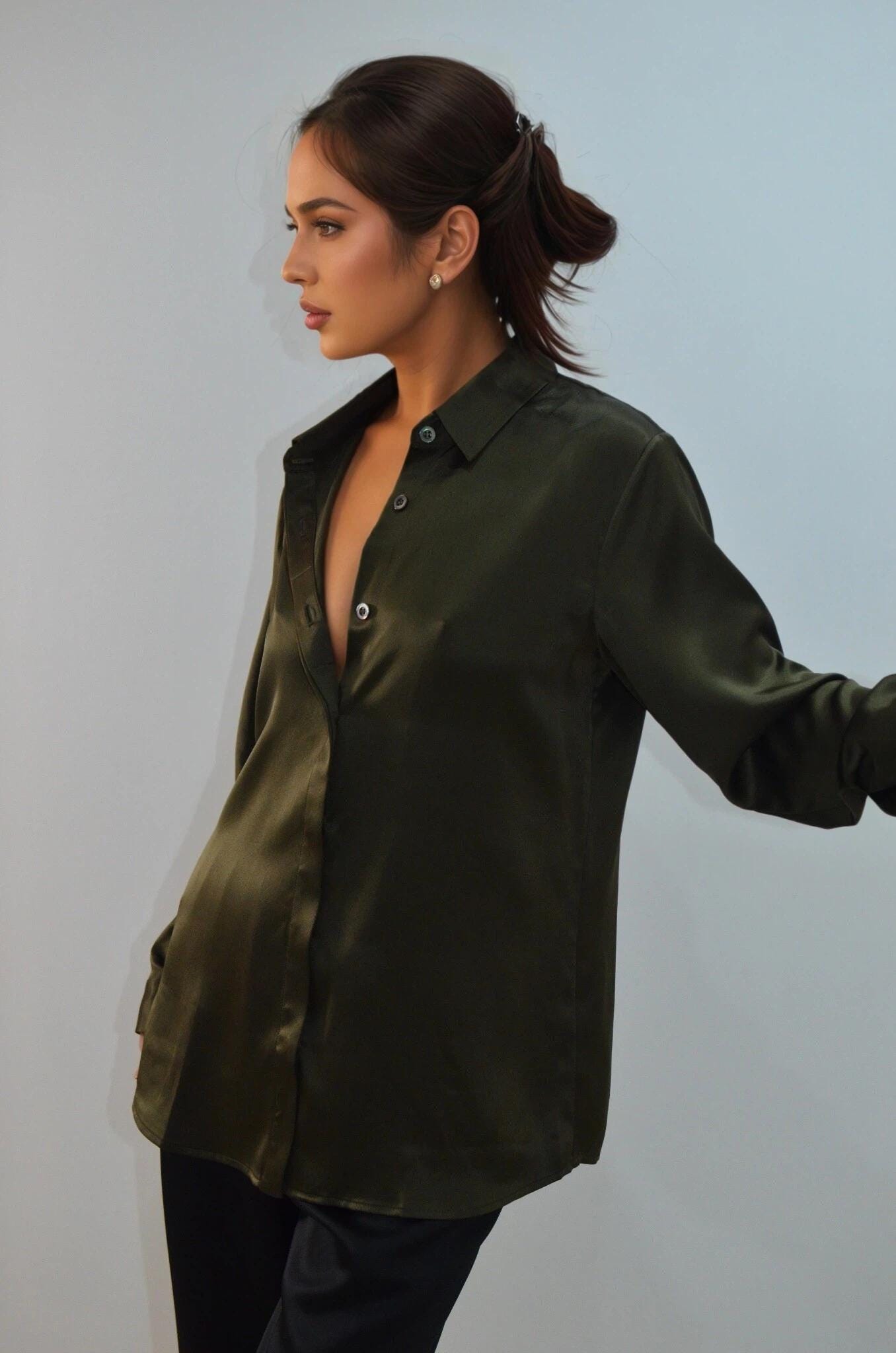 emerald green dress shirt womens Emerald Green Linen Girlfriend Shirt by Emily Phillips main image 0