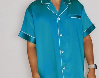 Conjunto de pijama de seda de lujo para hombre – Estilo floral playero (seda de 19 momme)