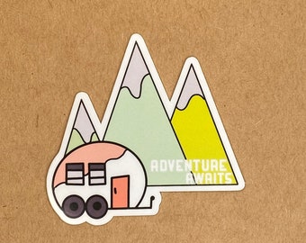 Adventure awaits sticker || retro camper decal || adventure sticker || mountains sticker || camping gift