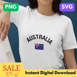 May include: White t-shirt with a black arc reading "AUSTRALIA" and the Australian flag inside the arc.  The text "Instant Digital Download" is at the bottom of the image.