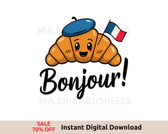 Diseño PNG de "Bonjour", arte de sublimación divertido, clipart del Día Nacional del Croissant