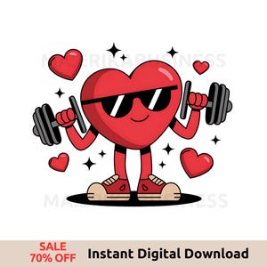 May include: A red heart with sunglasses and a smile is lifting weights. The heart is wearing red trainers and is surrounded by smaller red hearts.