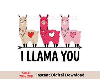 May include: Three cartoon llamas with hearts on their chests and a pink, brown, and white color scheme. The llamas are standing on a white background with an arrow and the text "I LLAMA YOU".
