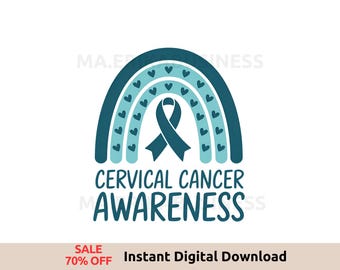 Op de afbeelding: Turquoise blauwe regenboog met een turquoise blauw lint in het midden en kleine witte hartjes. De tekst "Cervical Cancer Awareness" staat onder de regenboog.