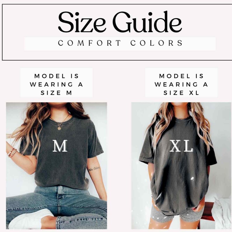 K&ouml;nnte beinhalten: Gr&ouml;&szlig;entabelle f&uuml;r ein T-Shirt, die ein Model in Gr&ouml;&szlig;e M und Gr&ouml;&szlig;e XL zeigt. Das Model in Gr&ouml;&szlig;e M tr&auml;gt Jeans und das Model in Gr&ouml;&szlig;e XL tr&auml;gt Shorts.