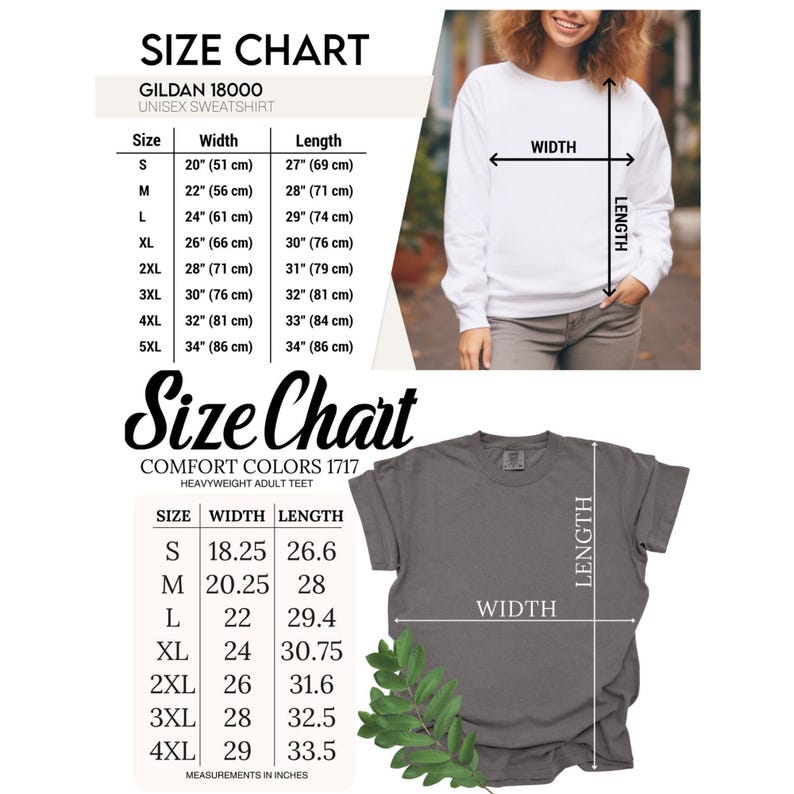 K&ouml;nnte beinhalten: Gr&ouml;&szlig;entabelle f&uuml;r Gildan 18000 Unisex-Sweatshirt und Comfort Colors 1717 Heavyweight Adult Tee. Die Tabelle zeigt die Ma&szlig;e in Zoll f&uuml;r Breite und L&auml;nge f&uuml;r die Gr&ouml;&szlig;en S bis 5XL.