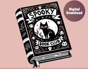 Könnte beinhalten: Ein schwarzes Buch mit einem weißen Rücken und einem gruseligen Design. Der Umschlag zeigt eine schwarze Katze mit gelben Augen, Schädel, Sterne und den Text "Spooky Book Club".