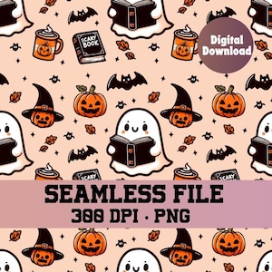 May include: A seamless pattern featuring a variety of Halloween-themed illustrations, including ghosts reading books, pumpkins with jack-o'-lantern faces, bats, coffee mugs, and witches' hats. The background is a light peach color.