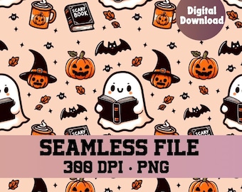 Patrón sin costuras de fantasmas leyendo, fantasmas adorables, patrón repetitivo, descarga PNG de 300 DPI para papeles digitales, impresión de telas, patrón de Halloween