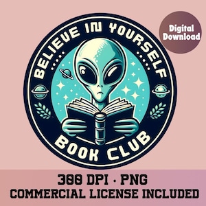Op de afbeelding: Een blauw en groen cirkelvormig logo met een cartoon-buitenaardse wezens die een boek leest. De tekst rond het buitenaardse wezens zegt "Geloof in jezelf... Boekclub".
