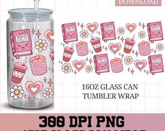 Bookish girlie png, Books Libbey Wrap png, Libbey Glass Wrap, Glass Can wrap, UVDTF Sublimation, bookish png, 16oz Glass Can, Book Lover