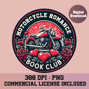 May include: A red motorcycle with roses and hearts around it. The text "Motorcycle Romance Book Club" is written in a circle around the motorcycle.