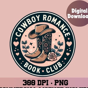 May include: A black and white circular logo with the text "COWBOY ROMANCE BOOK CLUB" around the edge. Inside the circle is a pair of brown cowboy boots with floral designs, a cowboy hat, and a pink rose.