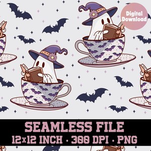 May include: A seamless pattern featuring a ghost wearing a witch hat and reading a book while sitting in a teacup. The background is a light purple with bats and stars.