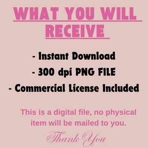 Pode incluir: Fundo rosa com o texto "WHAT YOU WILL RECEIVE" em negrito rosa. Abaixo, lista "Download instant&acirc;neo", "300 dpi PNG FILE" e "Licen&ccedil;a comercial inclu&iacute;da". O texto "Este &eacute; um arquivo digital, nenhum item f&iacute;sico ser&aacute; enviado para voc&ecirc;. Obrigado" tamb&eacute;m est&aacute; inclu&iacute;do.