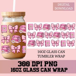 Coquette Bow wrap, Bookish girlie png, Books Libbey Wrap png, Libbey Glass Wrap, Glass Can wrap, UVDTF Sublimation, 16oz Glass Can