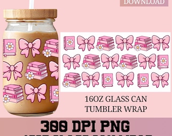 Coquette Bow wrap, Bookish girlie png, Books Libbey Wrap png, Libbey Glass Wrap, Glass Can wrap, UVDTF Sublimation, 16oz Glass Can