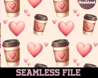 Könnte beinhalten: Ein nahtloses Muster mit rosa Herzen und braunen Kaffeetassen mit einem Herzdesign auf einem hellrosa Hintergrund. Der Text "Digitaler Download" und "NAHTLOSE DATEI 12x12 ZOLL · 300 DPI · PNG" ist ebenfalls im Bild enthalten.