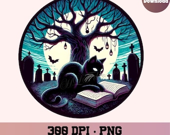 Könnte beinhalten: Eine schwarze Katze liest ein Buch unter einem Baum auf einem Friedhof. Der Mond ist im Hintergrund zu sehen. Die Szene spielt in einer gruseligen, Halloween-Atmosphäre.