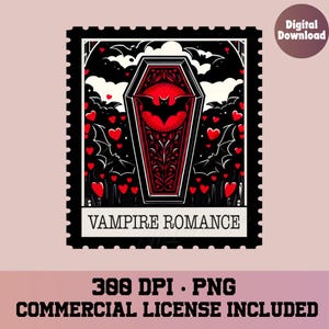 Puede incluir: Un sello postal de estilo vintage negro y rojo con un ataúd y un murciélago en su interior. El sello dice "Vampire Romance" en la parte inferior.