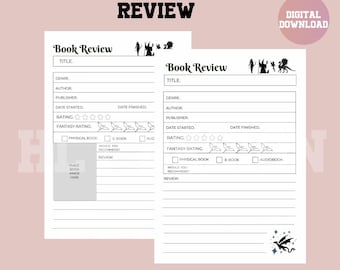 Op de afbeelding: Afdrukbare boekrecensie sjabloon met twee pagina's. Elke pagina heeft een zwart-witte illustratie van een fantasiewezen. De sjabloon bevat velden voor titel, genre, auteur, uitgever, startdatum, einddatum, beoordeling, fantasy beoordeling, fysiek boek, e-boek, luisterboek en recensie.