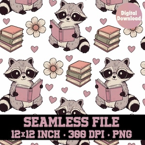 Op de afbeelding: Naadloze digitale bestand met een herhalend patroon van striptekening wasberen die boeken lezen en een bril dragen. Het ontwerp bevat stapels boeken, bloemen en harten in roze en neutrale tinten. De tekst "Digital Download" is zichtbaar.