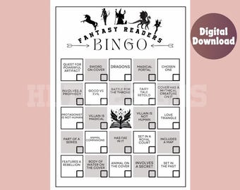 May include: A black and white bingo card with the title "Fantasy Readers Bingo". The card has 25 squares with different fantasy book tropes, such as "Quest for Powerful Artifact", "Sword on Cover", "Dragons", "Magical Portal", "Chosen One", "Involves a Prophecy", "Good vs Evil", "Battle for the Throne", "Fairy Tale Retold", "Cover has a Mythical Creature on it", "Protagonist is not Human", "Villain is Magical", "Has Fae in it", "Villain is not Human", "Love Triangle", "Part of a Series", "Animal Companions", "Set in a Royal Court", "Includes a Map", "Features a Rebellion", "Body of Water on the Cover", "Animal on the Cover", "Involves a Secret", "Set in the Past".