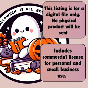 K&ouml;nnte beinhalten: Eine digitale Illustration eines Geistes, der auf einem Stapel B&uuml;cher mit einem K&uuml;rbis und einer Totenkopf-Tasse ein Buch liest. Der Text "This listing is for a digital file only. No physical product will be sent. Includes commercial license for personal and small business use." ist im Bild zu sehen.