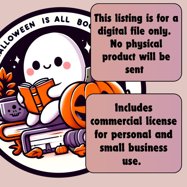 K&ouml;nnte beinhalten: Eine digitale Illustration eines Geistes, der auf einem Stapel B&uuml;cher mit einem K&uuml;rbis und einer Totenkopf-Tasse ein Buch liest. Der Text "This listing is for a digital file only. No physical product will be sent. Includes commercial license for personal and small business use." ist im Bild zu sehen.