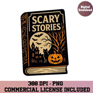 May include: A digital illustration of a book titled "Scary Stories" with a Halloween theme. The cover features a full moon, bats, a haunted house, a black cat, and a jack-o'-lantern. The book is black with orange and gold accents.