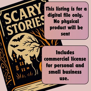 May include: Digital file of a book cover design titled "Scary Stories." The cover features a spooky illustration with a full moon, bats, a haunted house, and a black cat. The text on the image states that it is a digital file only and includes a commercial license.