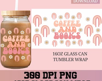 Books and coffee wrap, Bookish girlie png, Books Libbey Wrap png, Libbey Glass Wrap, Glass Can wrap, UVDTF Sublimation, 16oz Glass Can