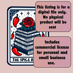 May include: A digital illustration of a stack of books with a red rose and red chili peppers. The text "THE SPICE R" is visible at the bottom of the image. The text "This listing is for a digital file only. No physical product will be sent" is in a pink box at the top of the image. The text "Includes commercial license for personal and small business use." is in a pink box at the bottom of the image.