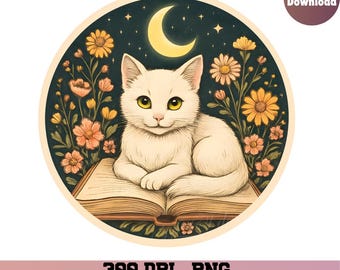 Cat reading png, floral cat png, Book png, book lover png, bookclub png, Books png, bookish png,  wildflower png, reading png, book lover