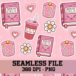 bookish girlie Pattern, girlie seamless pattern, books seamless pattern, pink bookish pattern, 300 DPI PNG Download for Digital Papers