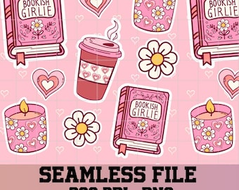 bookish girlie Pattern, girlie seamless pattern, books seamless pattern, pink bookish pattern, 300 DPI PNG Download for Digital Papers