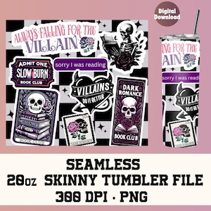 Può includere: Un download digitale per un design di bicchiere sottile da 28 once con uno sfondo a scacchi bianco e nero con varie grafiche. Le grafiche includono un teschio con un libro, un cuore con le parole "Villains Do It Better", un libro con le parole "Dark Romance Book Club", e il testo "Always Falling for the Villain".