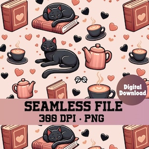 May include: A seamless pattern featuring black cats, books, coffee cups, and teapots on a pink background with hearts. The pattern is ideal for use in digital scrapbooking, crafting, and other creative projects.