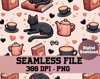 cats and books Pattern, cats seamless pattern, books seamless pattern, repeating pattern, 300 DPI PNG Download for Digital Papers, fabric