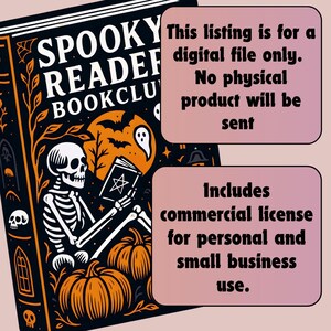 Pode incluir: Arquivo digital com um design de capa de livro assustador com um esqueleto lendo um livro, ab&oacute;boras, morcegos e uma lua cheia. O texto diz "Spooky Reader Bookclub". Inclui licen&ccedil;a comercial.